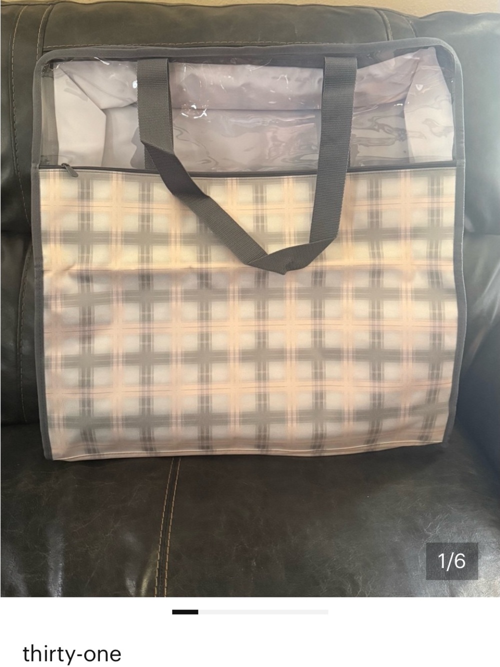thirty-one utility storage tote  pale pink plaid